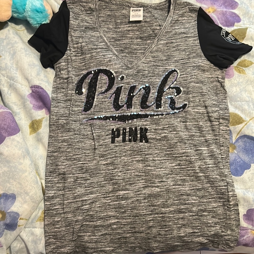 Victoria Secret PINK Grey and Black Sequin T shirt